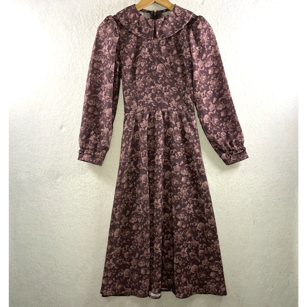 Homemade Womens Floral Midi Dress Sz XS/S Dark Cottage‎ Prairie Collared Belted